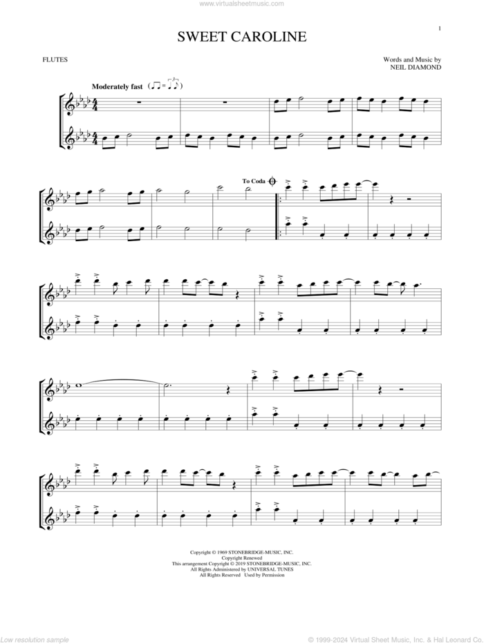 Sweet Caroline sheet music for two flutes (duets) by Neil Diamond, intermediate skill level