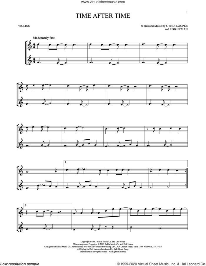 Time After Time sheet music for two violins (duets, violin duets) by Cyndi Lauper and Rob Hyman, intermediate skill level