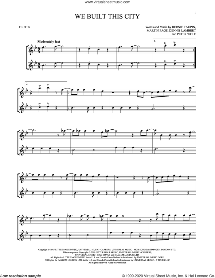 We Built This City sheet music for two flutes (duets) by Starship, Bernie Taupin, Dennis Lambert, Martin George Page and Peter Wolf, intermediate skill level