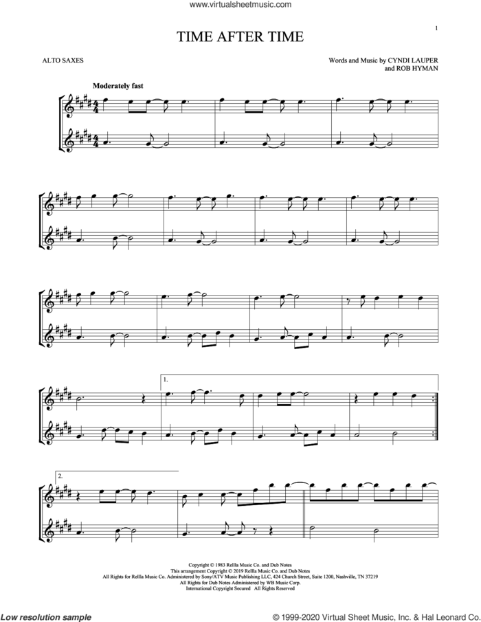 Time After Time sheet music for two alto saxophones (duets) by Cyndi Lauper and Rob Hyman, intermediate skill level