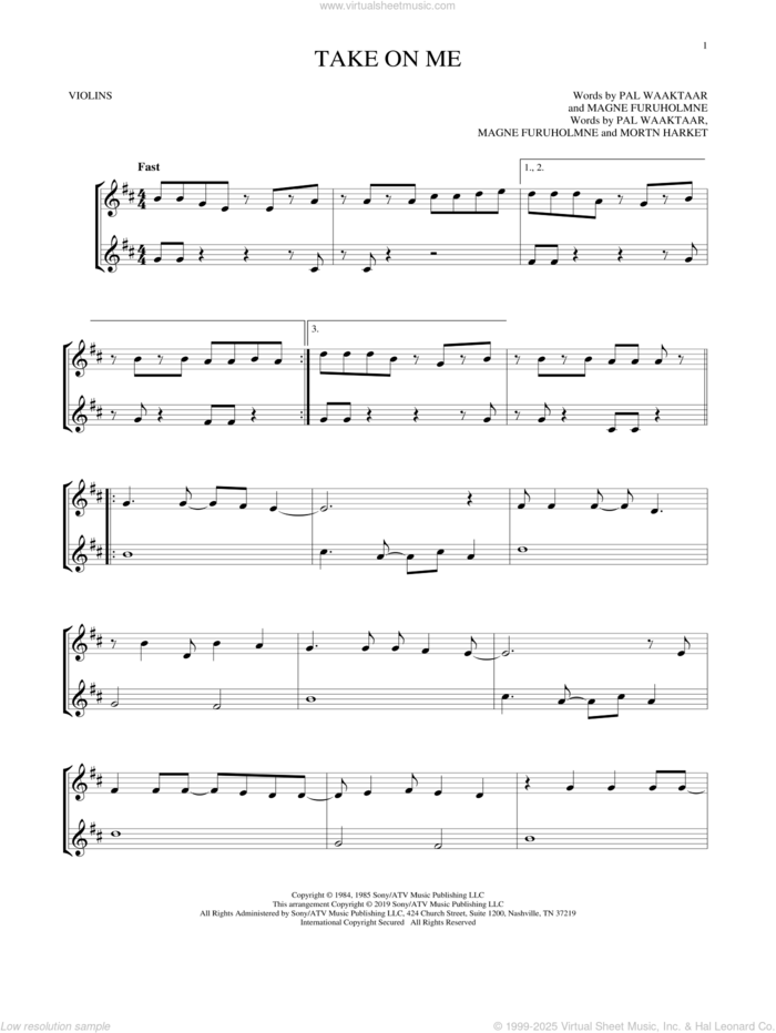 Take On Me sheet music for two violins (duets, violin duets) by a-ha, Magne Furuholmne, Morton Harket and Pal Waaktaar, intermediate skill level