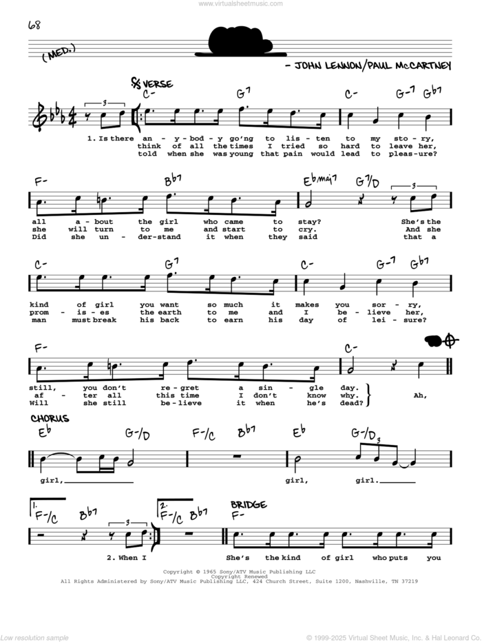 Girl [Jazz version] sheet music for voice and other instruments (real book with lyrics) by The Beatles, John Lennon and Paul McCartney, intermediate skill level