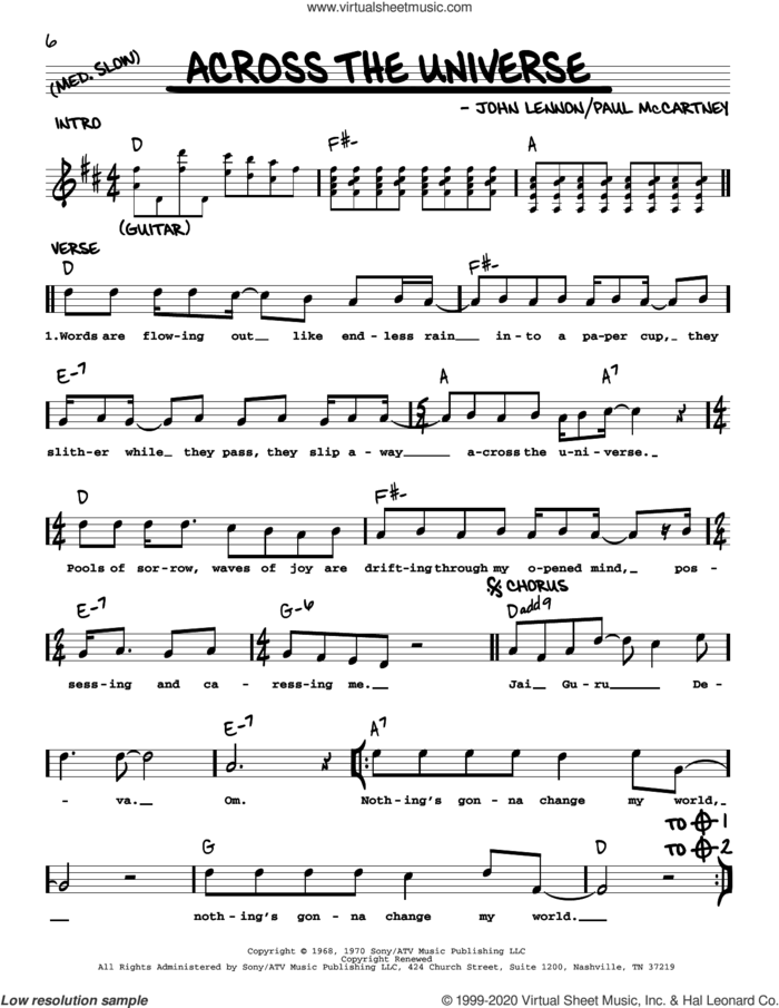 Across The Universe [Jazz version] sheet music for voice and other instruments (real book with lyrics) by The Beatles, John Lennon and Paul McCartney, intermediate skill level