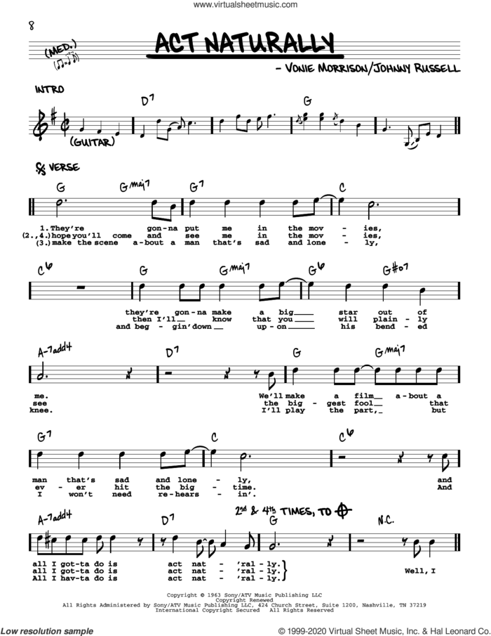 Act Naturally [Jazz version] sheet music for voice and other instruments (real book with lyrics) by The Beatles, Johnny Russell and Vonie Morrison, intermediate skill level