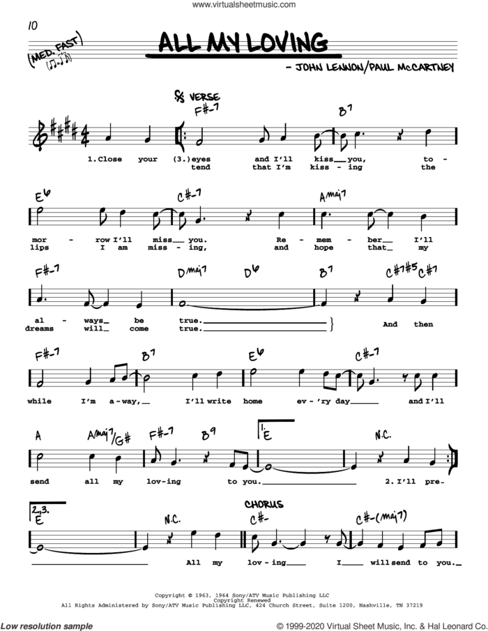 All My Loving [Jazz version] sheet music for voice and other instruments (real book with lyrics) by The Beatles, John Lennon and Paul McCartney, intermediate skill level