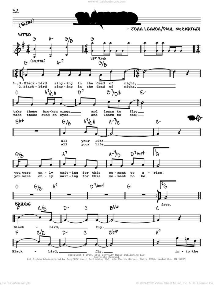 Blackbird [Jazz version] sheet music for voice and other instruments (real book with lyrics) by The Beatles, John Lennon and Paul McCartney, intermediate skill level