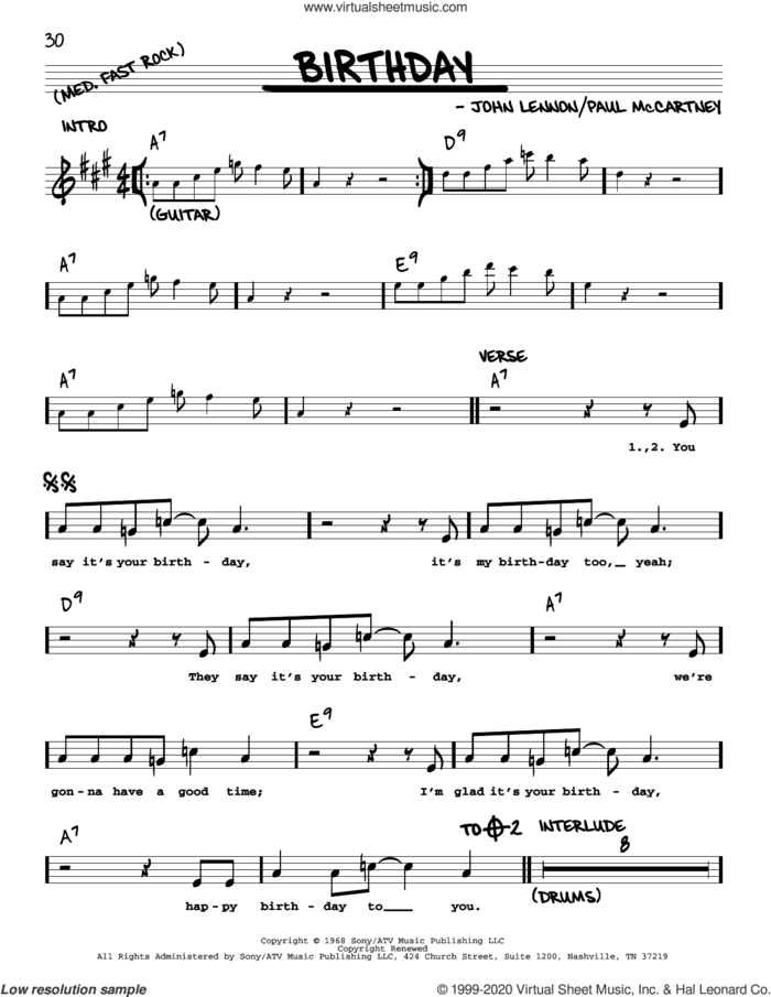 Birthday [Jazz version] sheet music for voice and other instruments (real book with lyrics) by The Beatles, John Lennon and Paul McCartney, intermediate skill level