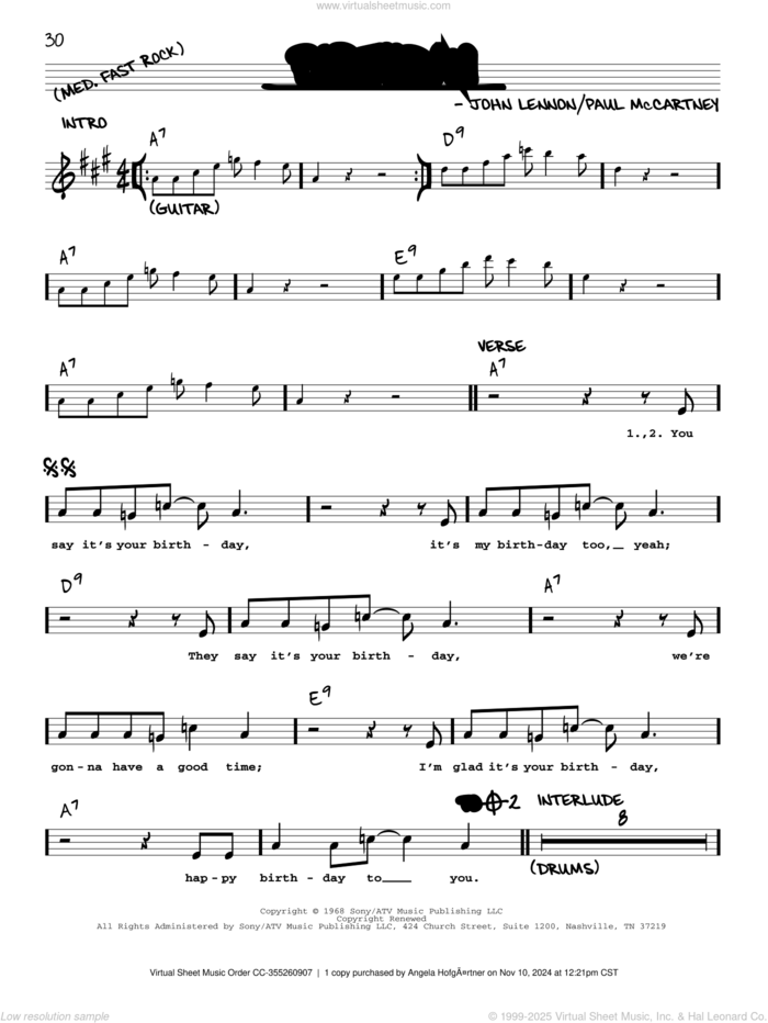 Birthday [Jazz version] sheet music for voice and other instruments (real book with lyrics) by The Beatles, John Lennon and Paul McCartney, intermediate skill level