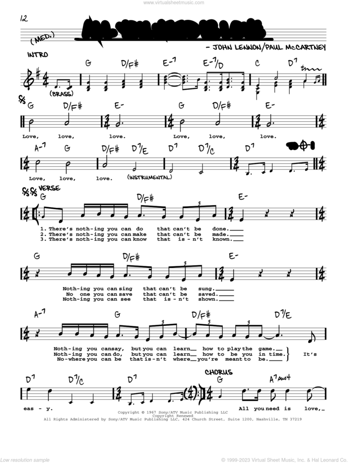 All You Need Is Love [Jazz version] sheet music for voice and other instruments (real book with lyrics) by The Beatles, John Lennon and Paul McCartney, wedding score, intermediate skill level