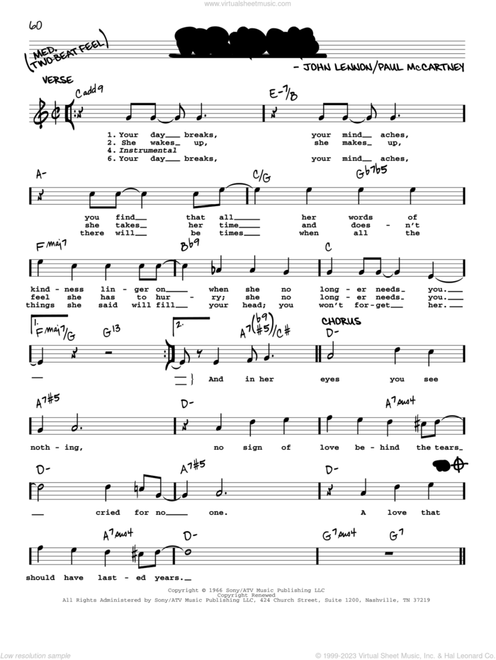 For No One [Jazz version] sheet music for voice and other instruments (real book with lyrics) by The Beatles, John Lennon and Paul McCartney, intermediate skill level