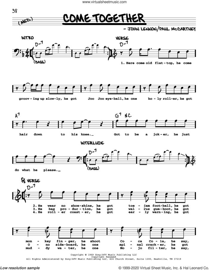 Come Together [Jazz version] sheet music for voice and other instruments (real book with lyrics) by The Beatles, John Lennon and Paul McCartney, intermediate skill level
