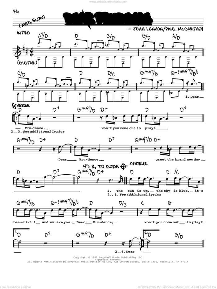 Dear Prudence [Jazz version] sheet music for voice and other instruments (real book with lyrics) by The Beatles, John Lennon and Paul McCartney, intermediate skill level