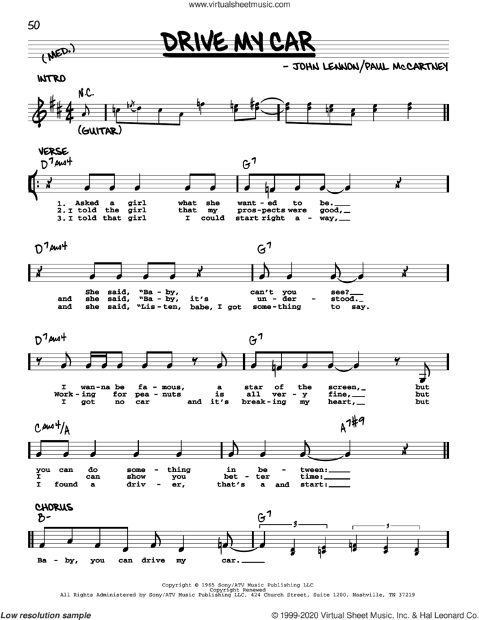 Drive My Car [Jazz version] sheet music for voice and other instruments (real book with lyrics) by The Beatles, John Lennon and Paul McCartney, intermediate skill level