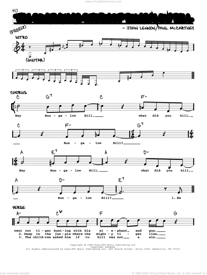 The Continuing Story Of Bungalow Bill [Jazz version] sheet music for voice and other instruments (real book with lyrics) by The Beatles, John Lennon and Paul McCartney, intermediate skill level