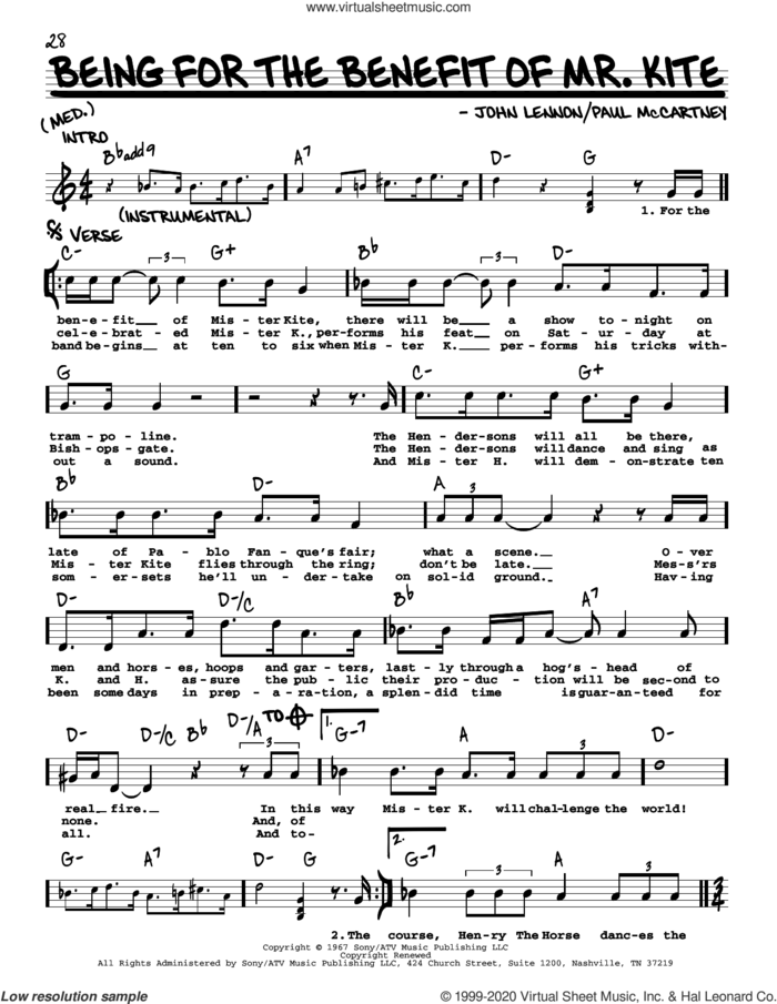 Being For The Benefit Of Mr. Kite [Jazz version] sheet music for voice and other instruments (real book with lyrics) by The Beatles, John Lennon and Paul McCartney, intermediate skill level