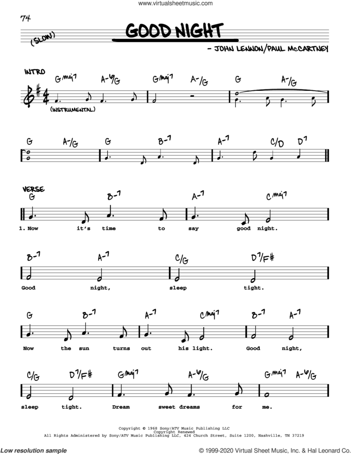 Good Night [Jazz version] sheet music for voice and other instruments (real book with lyrics) by The Beatles, John Lennon and Paul McCartney, intermediate skill level