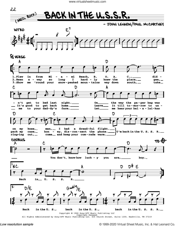 Back In The U.S.S.R. [Jazz version] sheet music for voice and other instruments (real book with lyrics) by The Beatles, John Lennon and Paul McCartney, intermediate skill level