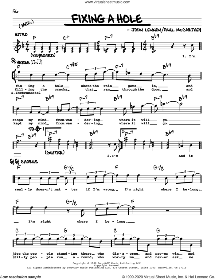 Fixing A Hole [Jazz version] sheet music for voice and other instruments (real book with lyrics) by The Beatles, John Lennon and Paul McCartney, intermediate skill level