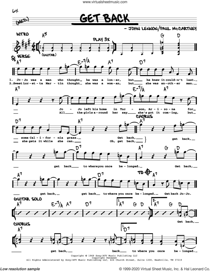 Get Back [Jazz version] sheet music for voice and other instruments (real book with lyrics) by The Beatles, John Lennon and Paul McCartney, intermediate skill level