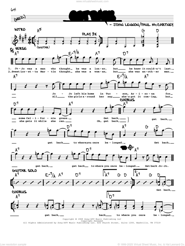 Get Back [Jazz version] sheet music for voice and other instruments (real book with lyrics) by The Beatles, John Lennon and Paul McCartney, intermediate skill level