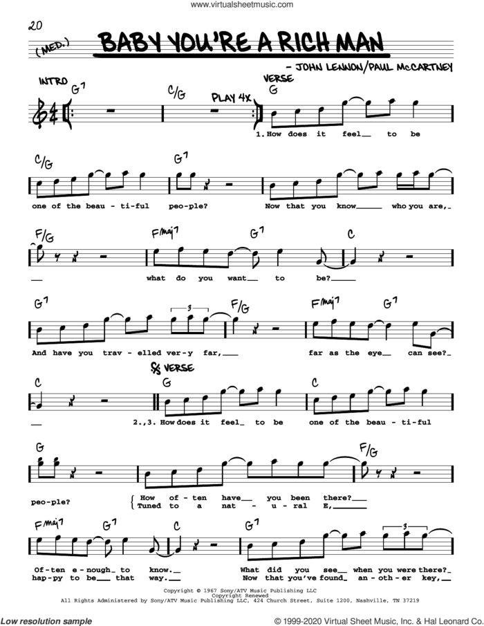 Baby You're A Rich Man [Jazz version] sheet music for voice and other instruments (real book with lyrics) by The Beatles, John Lennon and Paul McCartney, intermediate skill level