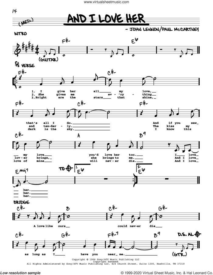 And I Love Her [Jazz version] sheet music for voice and other instruments (real book with lyrics) by The Beatles, John Lennon and Paul McCartney, intermediate skill level