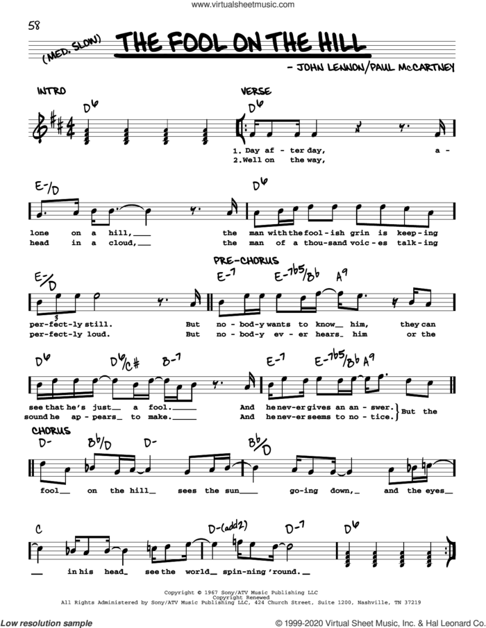 The Fool On The Hill [Jazz version] sheet music for voice and other instruments (real book with lyrics) by The Beatles, John Lennon and Paul McCartney, intermediate skill level