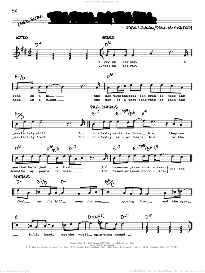 The Fool On The Hill [Jazz version] sheet music for voice and other instruments (real book with lyrics) by The Beatles, John Lennon and Paul McCartney, intermediate skill level