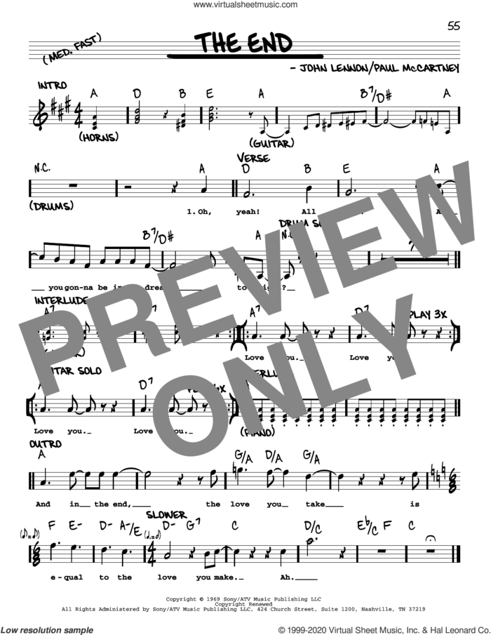 The End [Jazz version] sheet music for voice and other instruments (real book with lyrics) by The Beatles, John Lennon and Paul McCartney, intermediate skill level