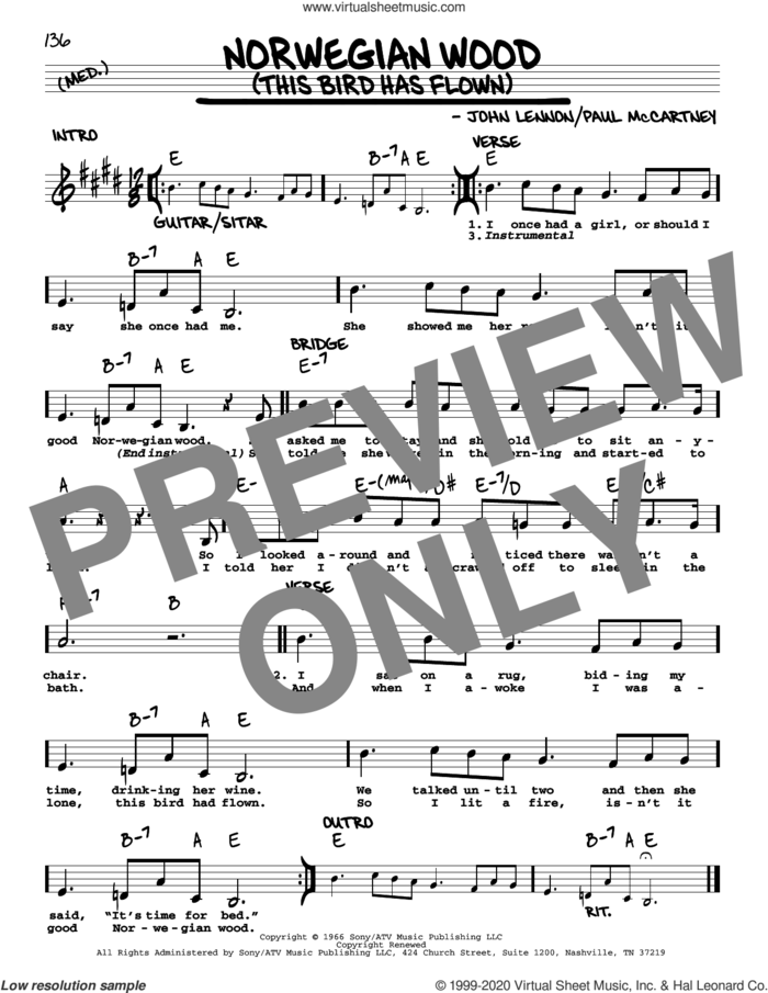 Norwegian Wood (This Bird Has Flown) [Jazz version] sheet music for voice and other instruments (real book with lyrics) by The Beatles, John Lennon and Paul McCartney, intermediate skill level
