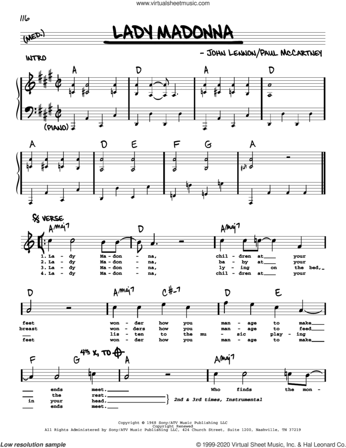 Lady Madonna [Jazz version] sheet music for voice and other instruments (real book with lyrics) by The Beatles, John Lennon and Paul McCartney, intermediate skill level