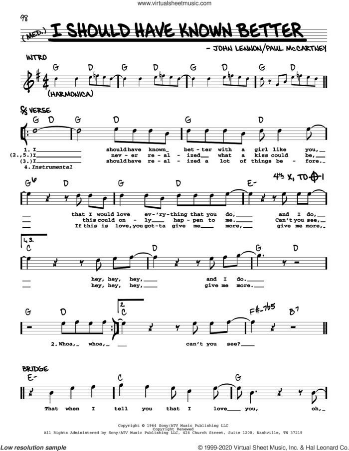 I Should Have Known Better [Jazz version] sheet music for voice and other instruments (real book with lyrics) by The Beatles, John Lennon and Paul McCartney, intermediate skill level