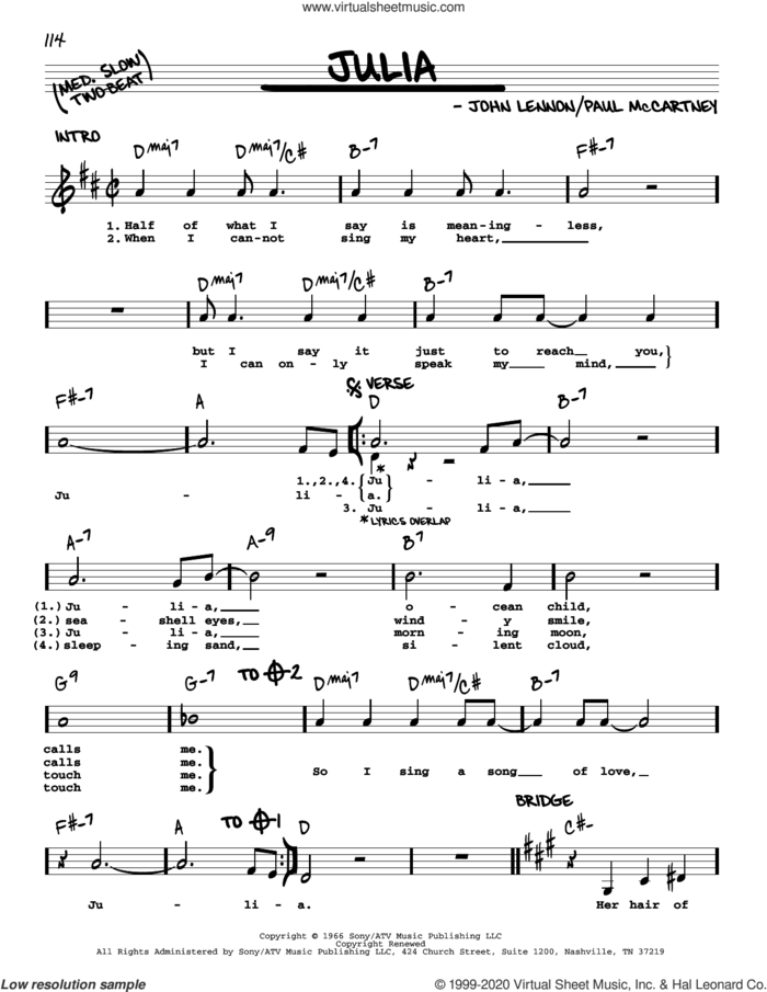 Julia [Jazz version] sheet music for voice and other instruments (real book with lyrics) by The Beatles, John Lennon and Paul McCartney, intermediate skill level