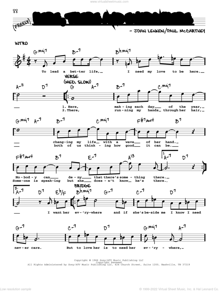 Here, There And Everywhere [Jazz version] sheet music for voice and other instruments (real book with lyrics) by The Beatles, John Lennon and Paul McCartney, wedding score, intermediate skill level