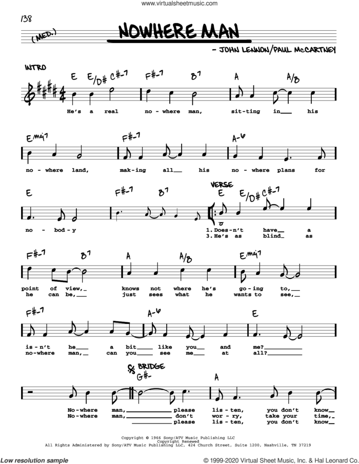 Nowhere Man [Jazz version] sheet music for voice and other instruments (real book with lyrics) by The Beatles, John Lennon and Paul McCartney, intermediate skill level