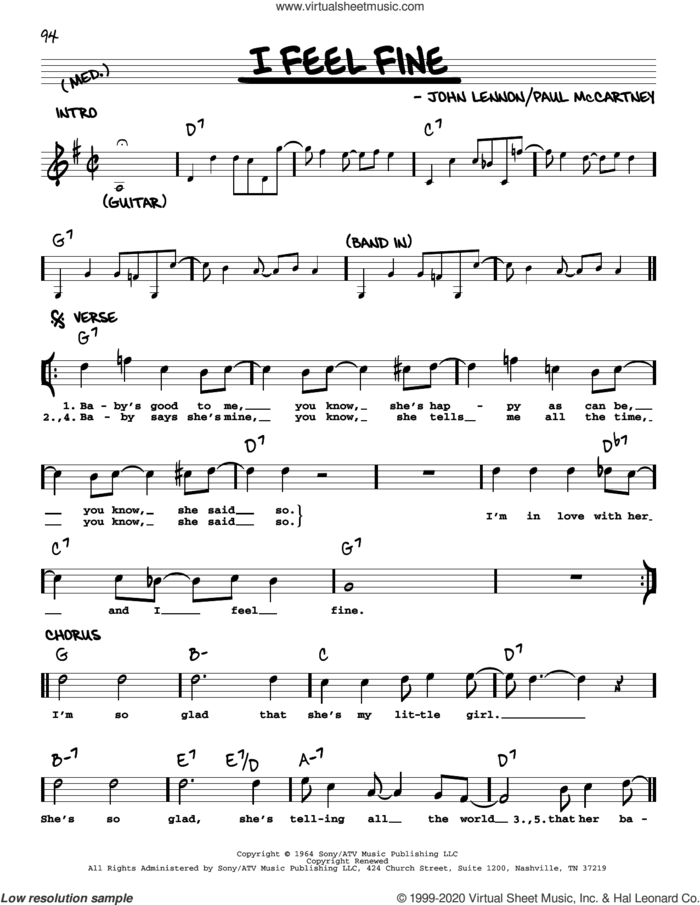 I Feel Fine [Jazz version] sheet music for voice and other instruments (real book with lyrics) by The Beatles, John Lennon and Paul McCartney, intermediate skill level