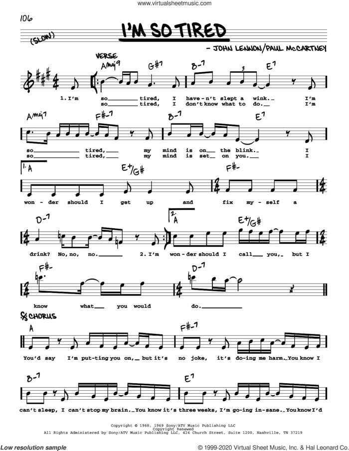 I'm So Tired [Jazz version] sheet music for voice and other instruments (real book with lyrics) by The Beatles, John Lennon and Paul McCartney, intermediate skill level