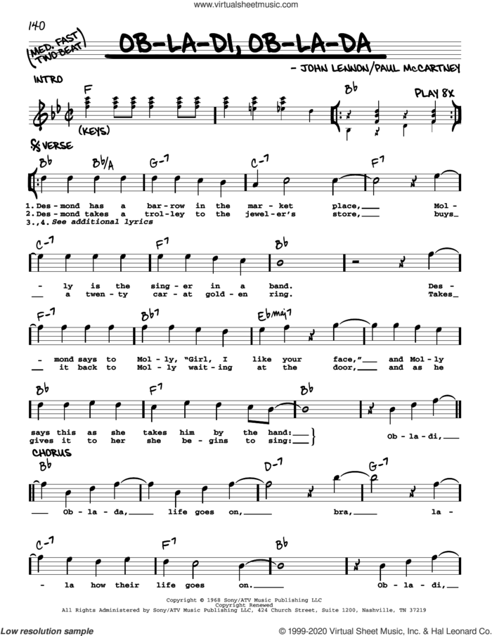 Ob-La-Di, Ob-La-Da [Jazz version] sheet music for voice and other instruments (real book with lyrics) by The Beatles, John Lennon and Paul McCartney, intermediate skill level