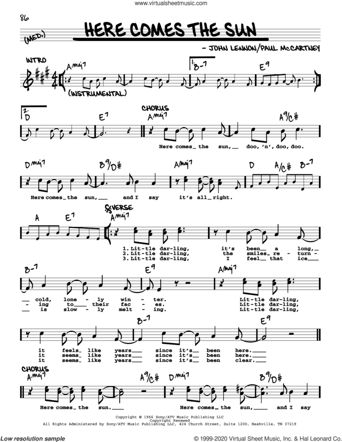 Here Comes The Sun [Jazz version] sheet music for voice and other instruments (real book with lyrics) by The Beatles and George Harrison, intermediate skill level