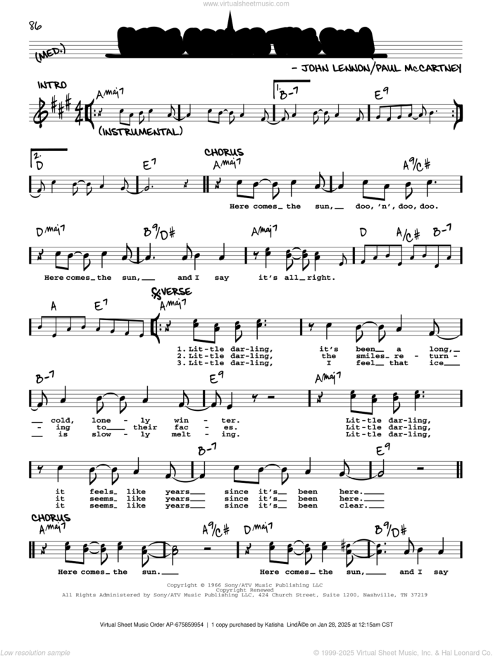 Here Comes The Sun [Jazz version] sheet music for voice and other instruments (real book with lyrics) by The Beatles and George Harrison, intermediate skill level