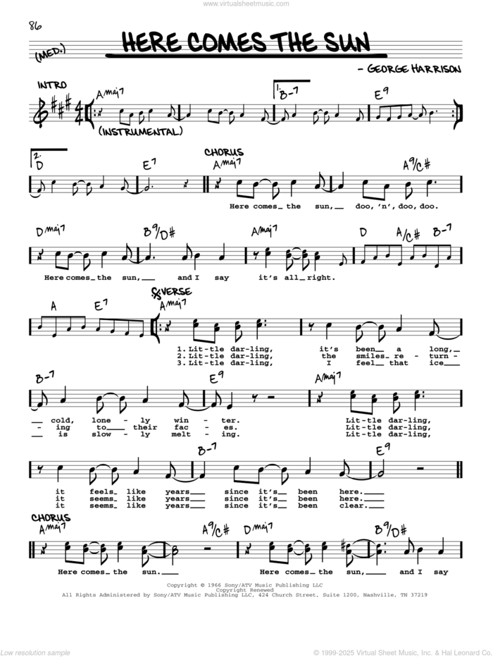 Here Comes The Sun [Jazz version] sheet music for voice and other instruments (real book with lyrics) by The Beatles and George Harrison, intermediate skill level