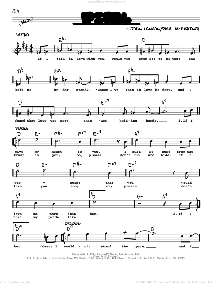 If I Fell [Jazz version] sheet music for voice and other instruments (real book with lyrics) by The Beatles, John Lennon and Paul McCartney, intermediate skill level