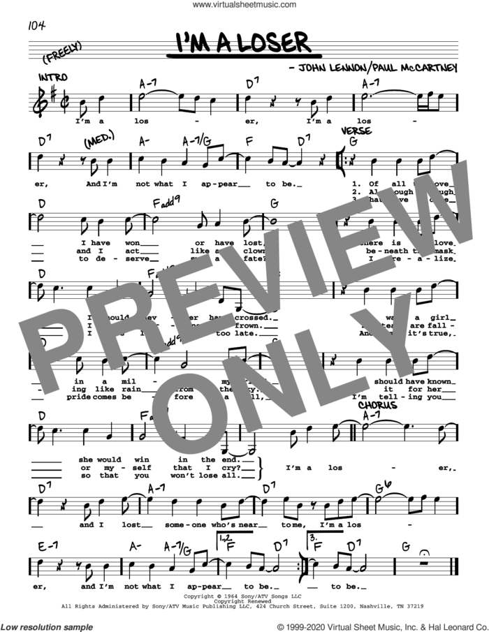 I'm A Loser [Jazz version] sheet music for voice and other instruments (real book with lyrics) by The Beatles, John Lennon and Paul McCartney, intermediate skill level