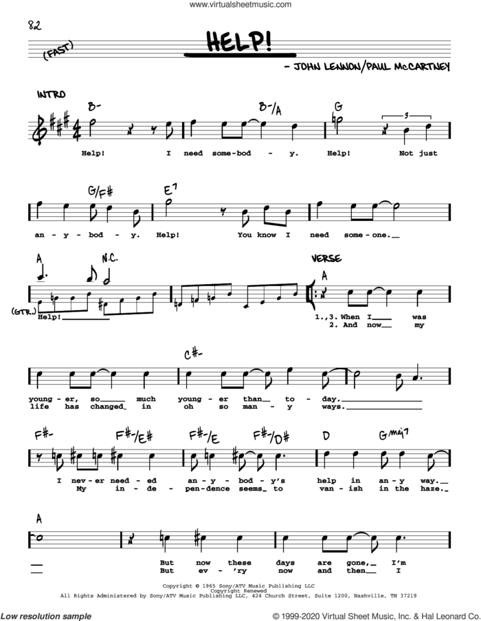 Help! [Jazz version] sheet music for voice and other instruments (real book with lyrics) by The Beatles, John Lennon and Paul McCartney, intermediate skill level