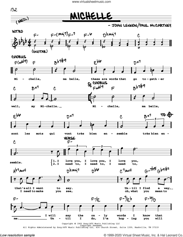 Michelle [Jazz version] sheet music for voice and other instruments (real book with lyrics) by The Beatles, John Lennon and Paul McCartney, intermediate skill level