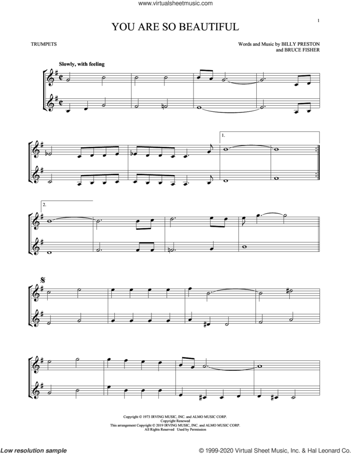 You Are So Beautiful sheet music for two trumpets (duet, duets) by Joe Cocker, Billy Preston and Bruce Fisher, intermediate skill level
