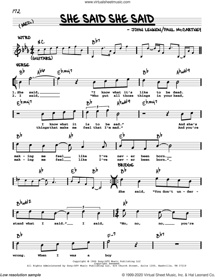 She Said She Said [Jazz version] sheet music for voice and other instruments (real book with lyrics) by The Beatles, John Lennon and Paul McCartney, intermediate skill level