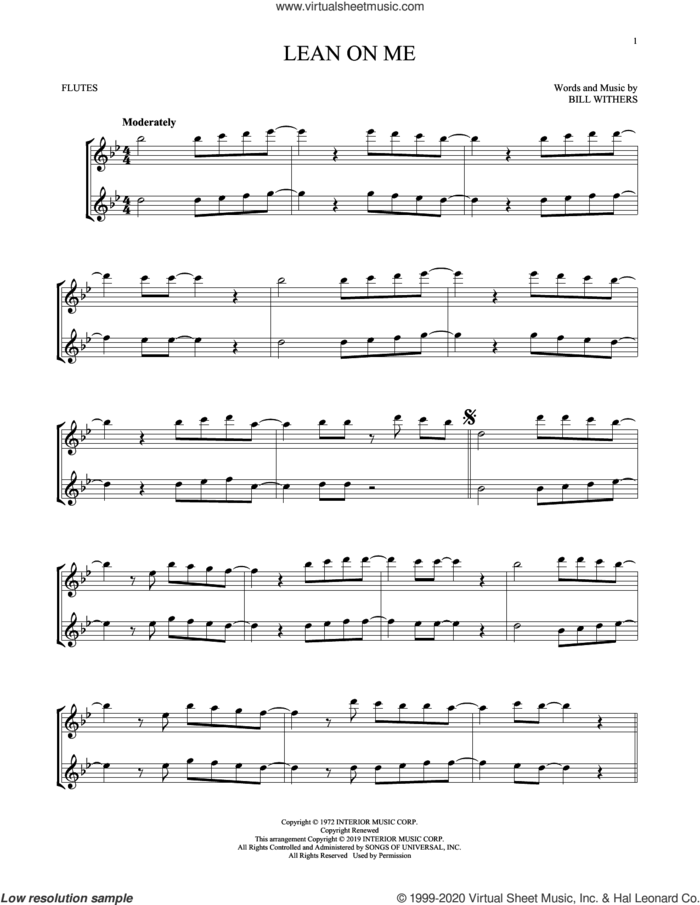 Lean On Me sheet music for two flutes (duets) by Bill Withers, intermediate skill level