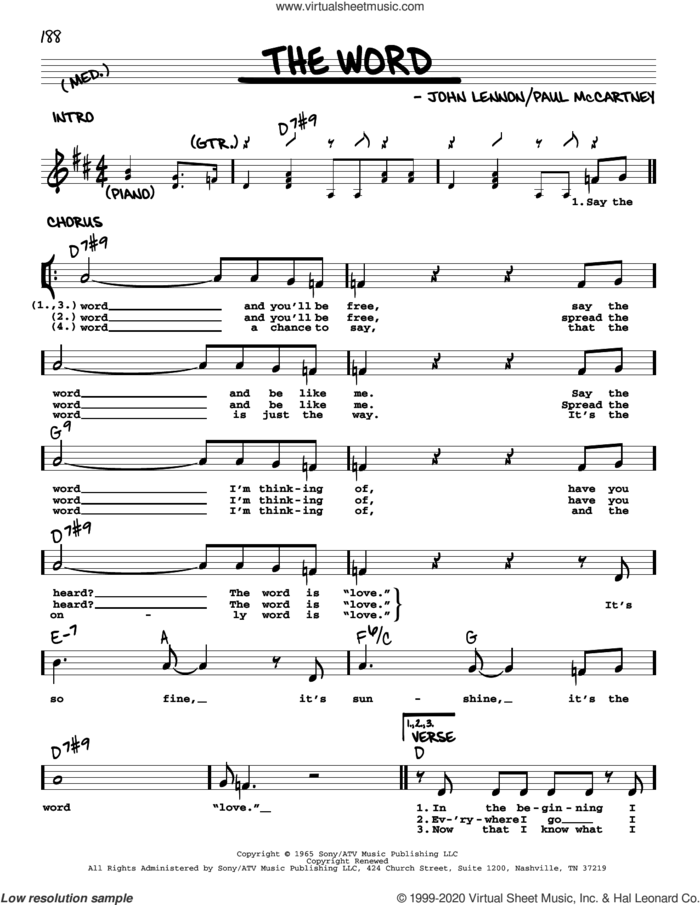 The Word [Jazz version] sheet music for voice and other instruments (real book with lyrics) by The Beatles, John Lennon and Paul McCartney, intermediate skill level