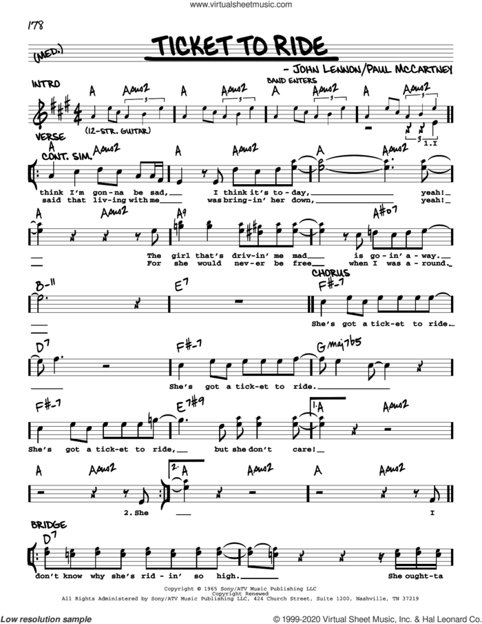 Ticket To Ride [Jazz version] sheet music for voice and other instruments (real book with lyrics) by The Beatles, John Lennon and Paul McCartney, intermediate skill level